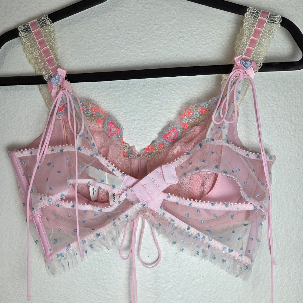 For Love Lemons Balconette Bra Lace Mesh Heart Print Tie Front Coquette - Picture 2 of 8